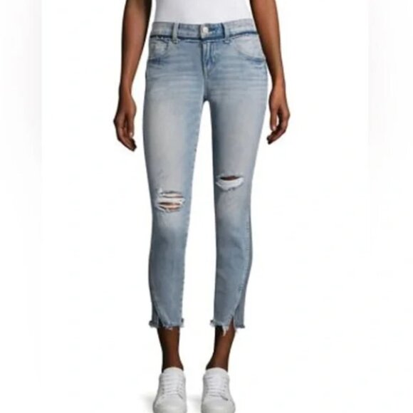 AMO Twist Two-Tone Raw Hem Cropped Skinny Jean in Rise & Shine Blue Size 27 - Picture 1 of 9